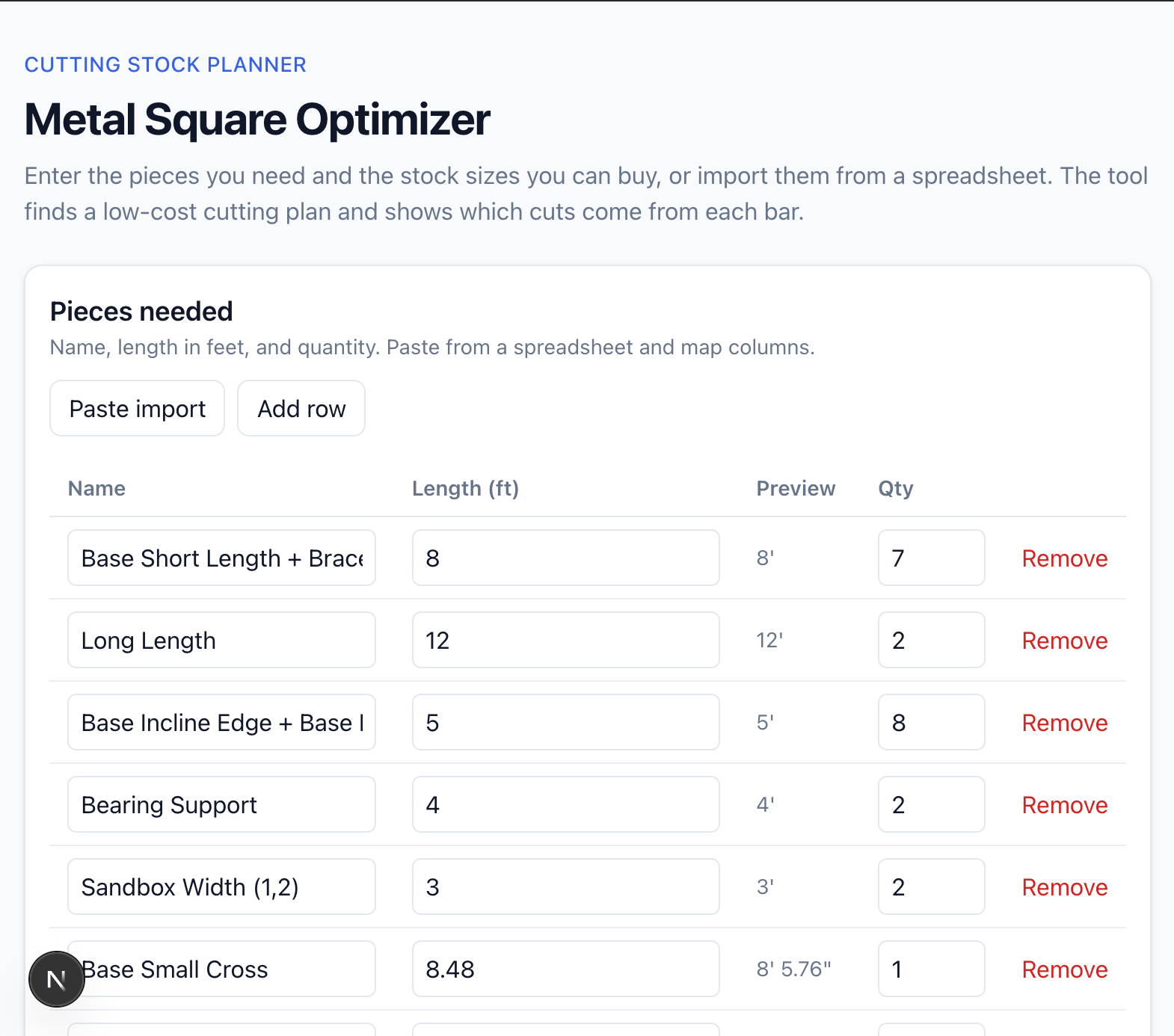 Desired cut list UI